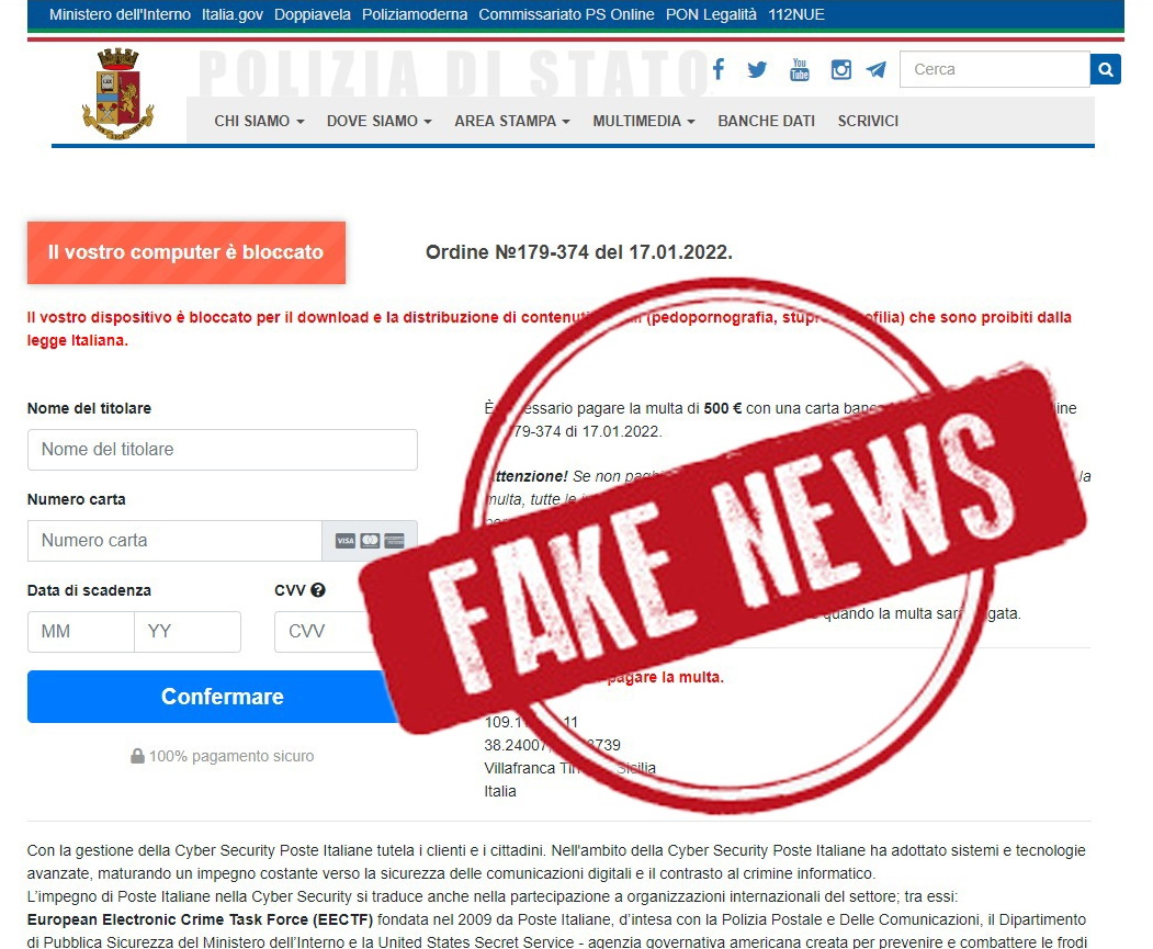 Phishing. La Polizia Postale segnala tentativi di truffe online con mail annuncianti blocco del dispositivo per download e distribuzione di contenuti illegali proibiti dalla legge italiana