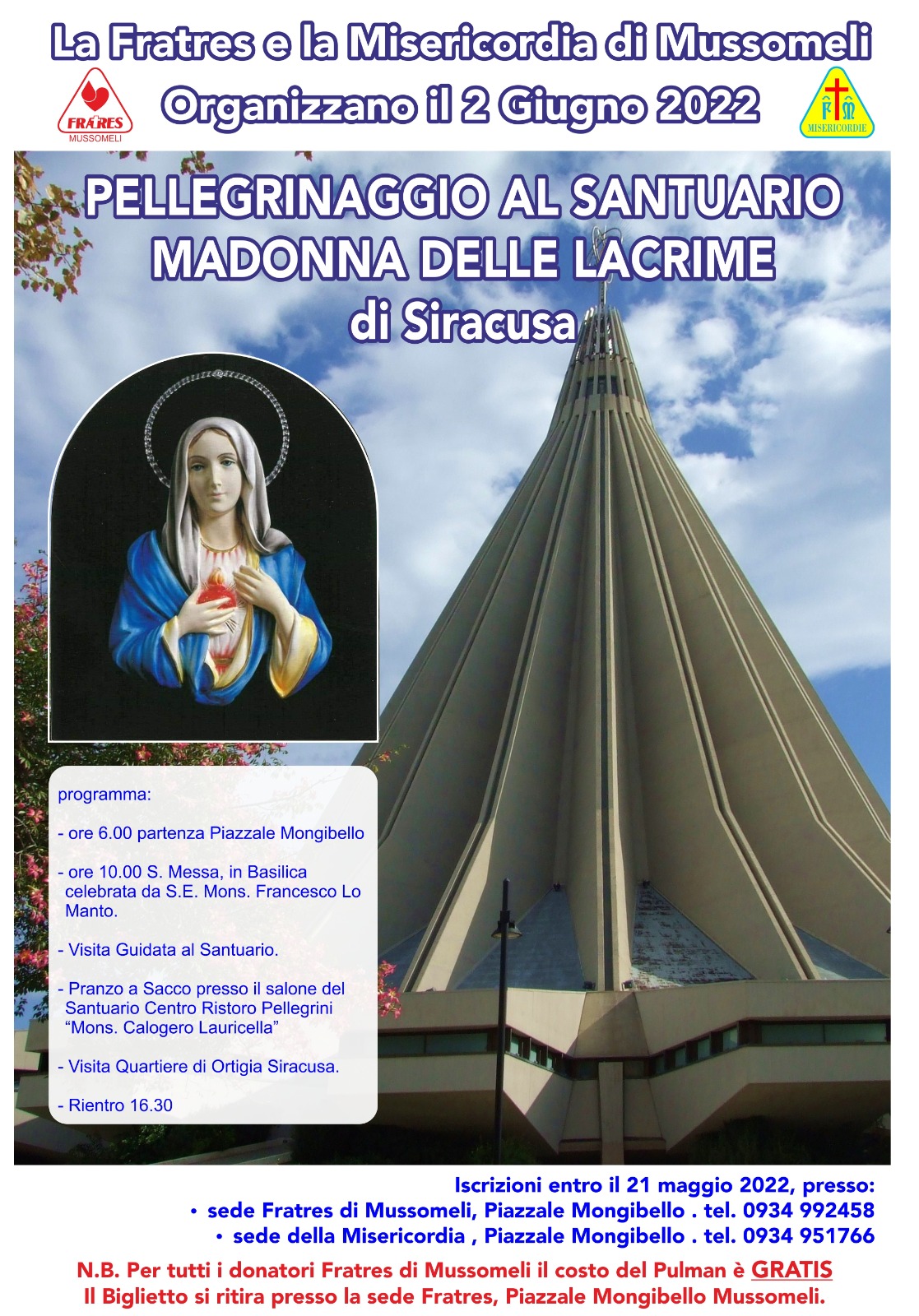 Fratres e Misericordia di Mussomeli il 2 giugno al Santuario di Siracusa. Prenotazioni entro il 24 maggio
