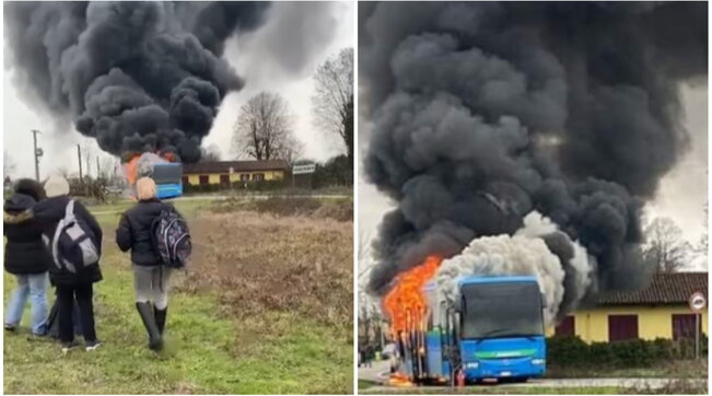 In fiamme pullman pieno di studenti: l’autista li mette in salvo