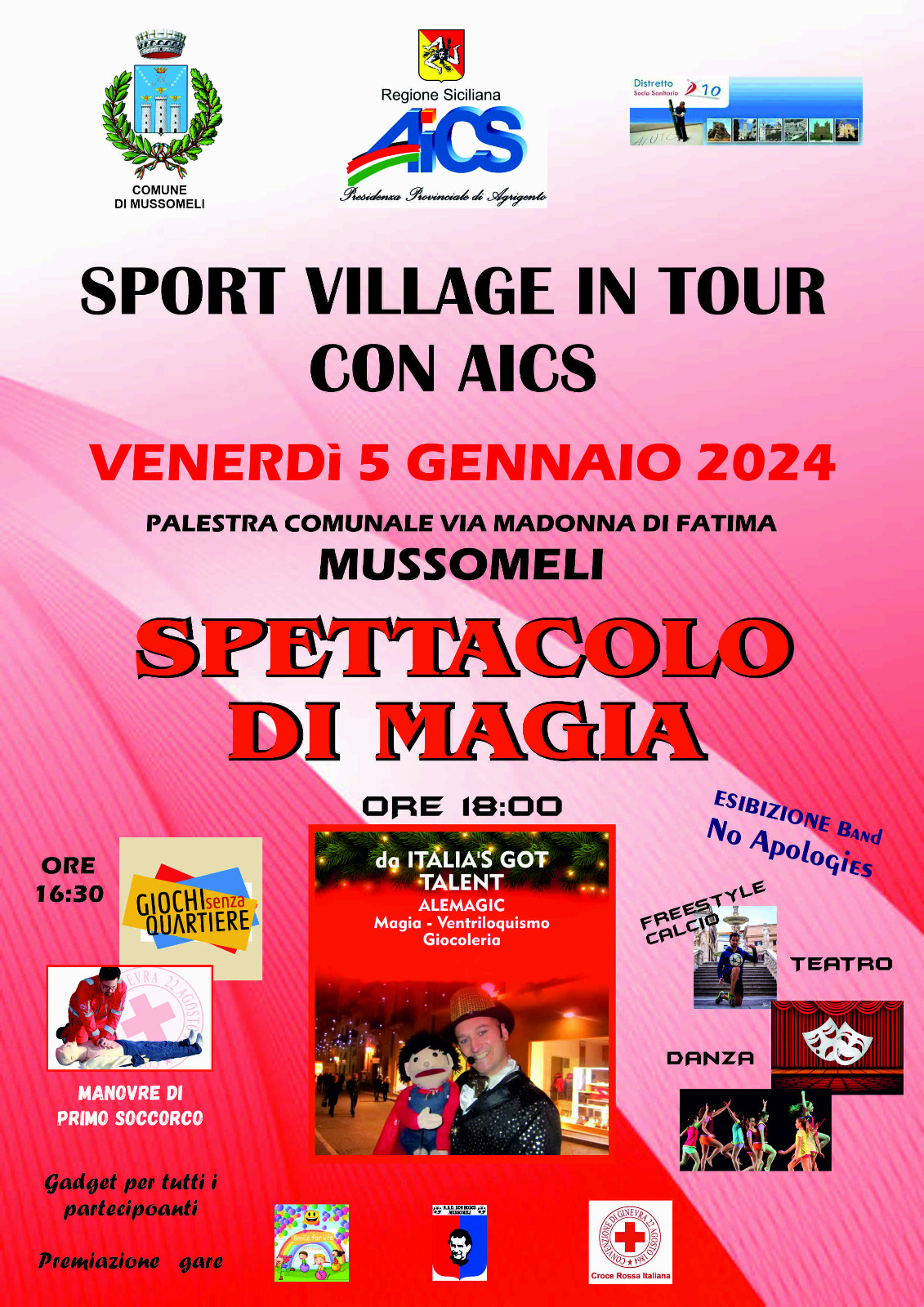 Mussomeli, Sport Village in tour con Aics  in palestra in Via M. Fatima. Giochi per bambini il 5 gennaio pomeriggio