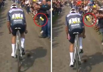 Scandalo Parigi-Roubaix, tifoso lancia borraccia in faccia a Van der Poel – Video