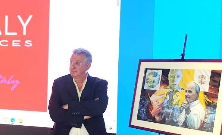 Presentata al “Made in Italy incontra l’Europa” l’opera di Francesco Guadagnolo “Leone XIV e l’Alba Digitale”