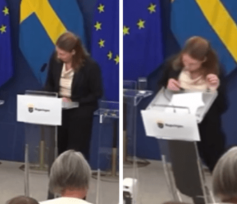 Ministra della Salute svedese Elisabet Lann sviene in conferenza stampa – Il video