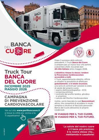 Prevenzione cardiovascolare gratuita in 28 città, riparte ‘Truck tour Banca del cuore’