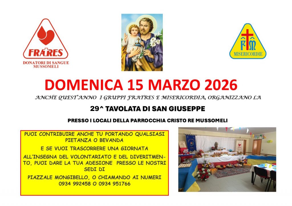 Mussomeli, Fratres e Misericordia. “Imbandiamo la tavolata di S. Giuseppe”. Domenica nel salone di Cristo Re.