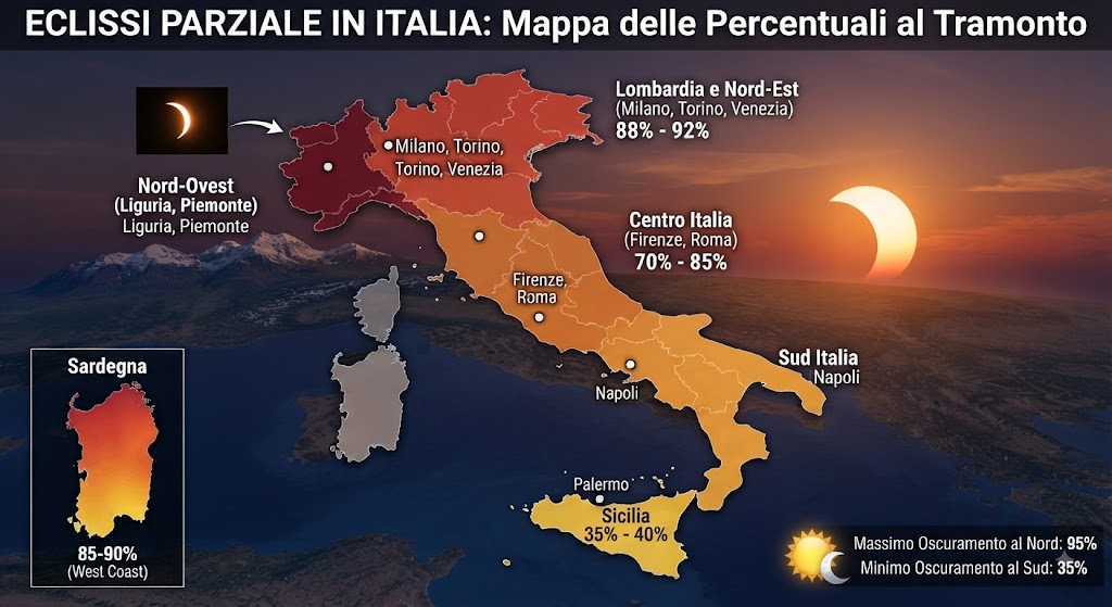 Sole oscurato fino al 95%: arriva l’eclissi. La mappa delle percentuali regione per regione